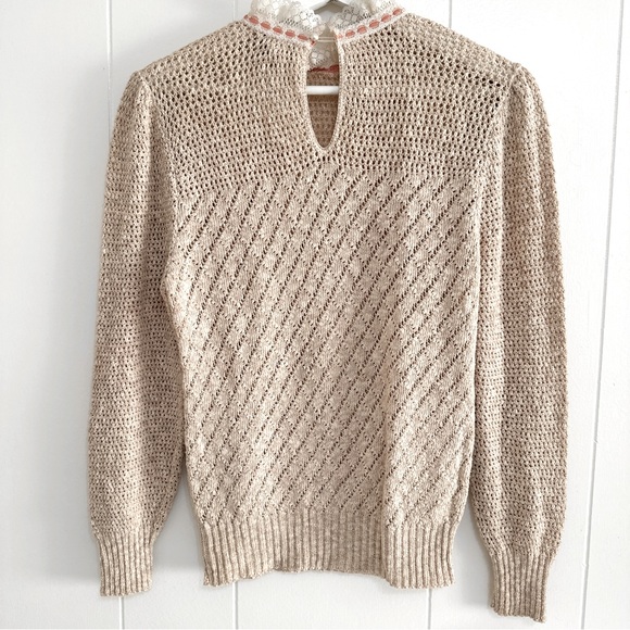 Vintage 70s Cotton Crochet Sweater 10 Lace Ribbon - Picture 5 of 7